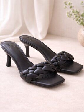 INC Womens Heels Size 7 Black Braided Strap Sandal Square Toe Kitten Heel Slide